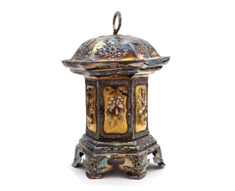 A Japanese silver, Shibayama and enamelled chest, Meiji period, 1868-1912, octagonal pagoda form, the six sides with gilt lac