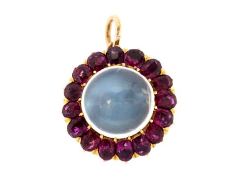 A Victorian ruby and moonstone pendant comprising a circular design set to the centre with a moonstone,  measuring approximat