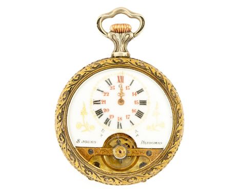 An early 20th Century Hebdomas brass eight day open faced topwind pocket watch, 4.5cm white enamel Roman dial with visible es