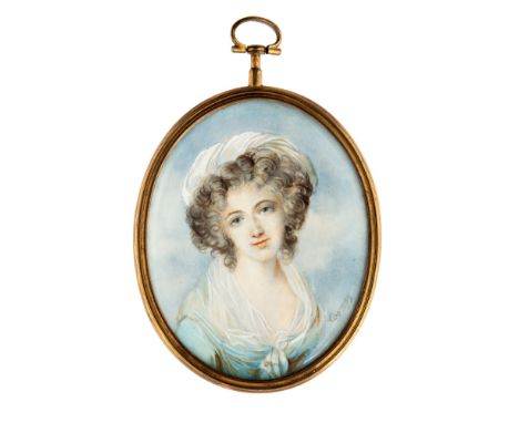 A George III oval portrait miniature, of a beautiful young lady in a white dress, signed Cosway, on ivory, monogram verso, 8c