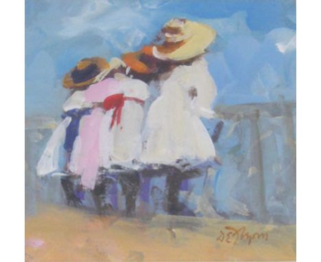 Dianne Elizabeth Flynn (b.1939) - 'Three on the Railings', study of three girls wearing summer dresses beside a railing, sign
