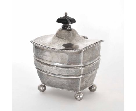 Edwardian silver rectangular tea caddy, the hinged lid with hardwood finial raised on four ball feet, maker Henry Stratford, 