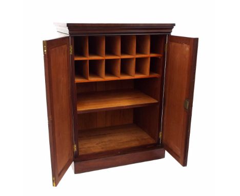 19th century flame mahogany cabinet, with flame panel doors enclosing a divided interior of pigeonholes over a single shelf u