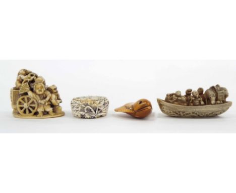 Antique carved ivory circular floral netsuke, 1.5" diameter, together with three other netsuke (4)