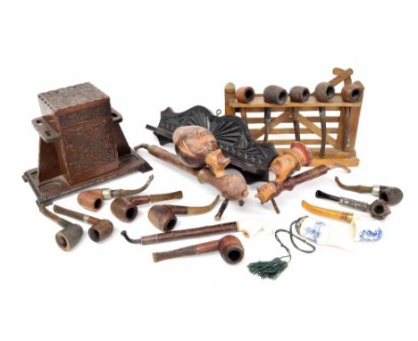 Collection of souvenir smoking pipes, including treen, porcelain and metal mounted exaples; together with a lidded tobacco ca