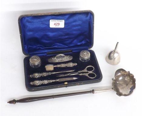 George V cased silver manicure set, maker Levi &amp; Salaman, Birmingham 1910; Edwardian silver wine funnel, Sheffield 1903 a