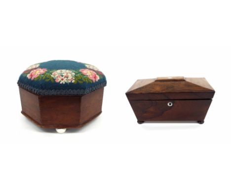 Victorian mahogany octagonal box/foot stool, with upholstered hinged lid revealing a glazed pottery pail liner, 11" wide, tog