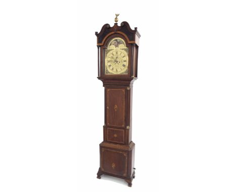 Good mahogany, crossbanded and inlaid eight day longcase clock, the 14" square brass dial signed Benbow, Newport to the folia