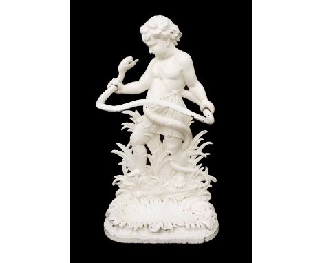 Victorian Coalbrookdale style white painted cast iron stick stand, in the form of infant Hercules, after the design of Edwin 