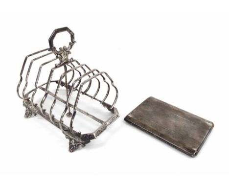 Victorian silver six division toast rack, maker Robert Harper, London 1857; also a Mappin and Webb engine turned cigarette ca