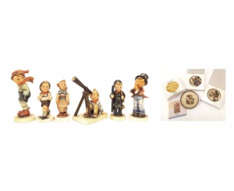 M I Hummel for W. Goebel - six figures of children in various pursuits, tallest 5.5" high; also three miniature re-issue plat