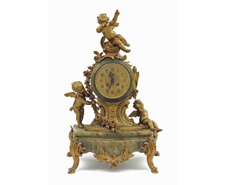 French two train green onyx and gilt figural mantel clock striking on a bell, stamped Medaille Dargent Vincent 1855 to the ba