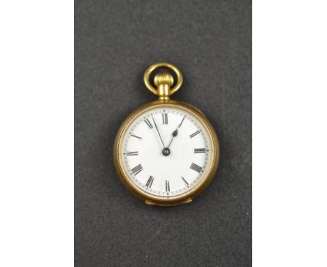 An Omega 18ct gold ladies open face fob watch with Swiss lever stem wind movement and white enamel dial, London import 1907 -