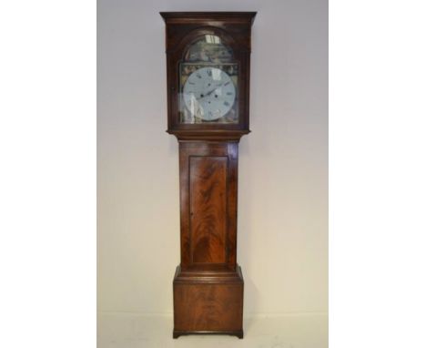 A late 18th/early 19th century inlaid mahogany longcase clock, arched painted dial depicting figures in landscape, two train 