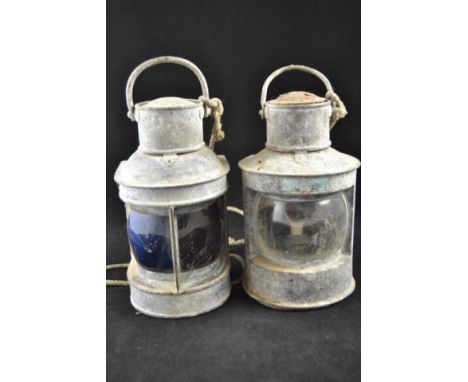 Two galvanized vintage ship's lamps, one port/starboard, the other with plain glass - H21cm CONDITION REPORT: red glass crack