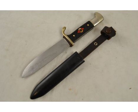 A German World War Two Hitler Youth dagger, blade etched Blut und Ehre, chequered grip with HJ diamond, black metal scabbard 