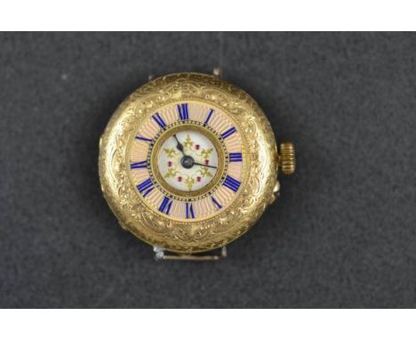 A ladies' 18ct gold cased fob watch, blue enamel numerals, later wristwatch mountings - approx gross weight 31.7g. CONDITION 