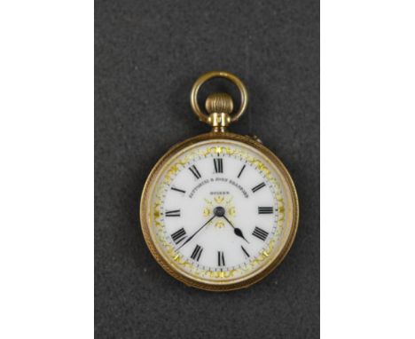 A ladies' 14k fob watch with Swiss cylinder stem wind movement, gilt decorated white enamel dial, retailed by Fattorini and S