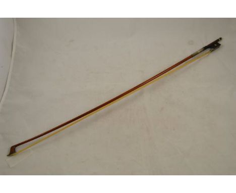 A violin bow, stamped Hill, the stick round, ebony frog with mother of pearl to underside, approx weight 58g (with hair) - le