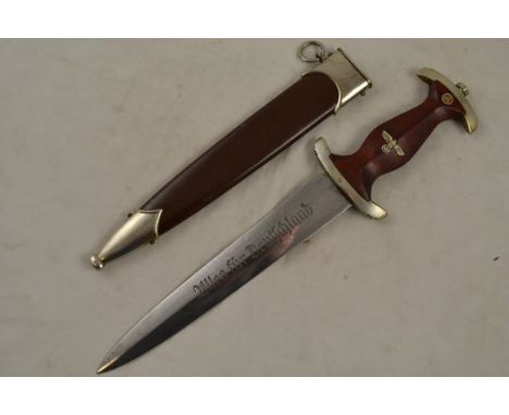 A German Third Reich SA dagger, blade marked Malsch & Ambronn, Steinbach, blade inscribed Alles Fur Deutschland, brown scabba