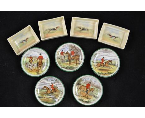 A set of four Royal Doulton pin dishes with painted hunting dog design, together with four Copeland Spode circular pin dishes