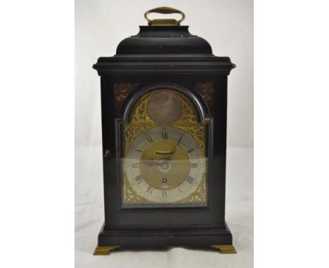 A late 18th century (c1770) ebonised table clock with pull alarm and repeater, six pillar verge single fusee movement strikin