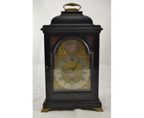 A late 18th century (c1770) ebonised table clock with pull alarm and repeater, six pillar verge single fusee movement strikin