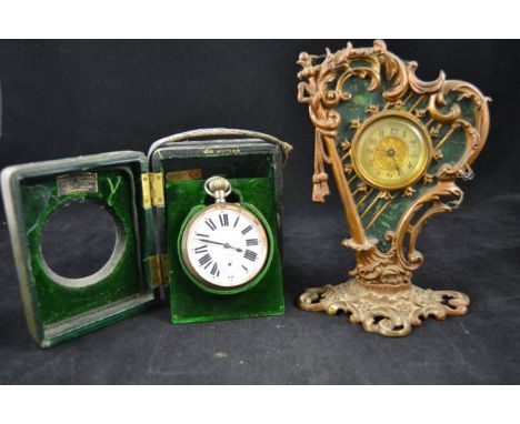 A goliath pocket watch in plated case, together with a 20th Century 'harp' mantel clock in gilt metal case - H22cm. CONDITION