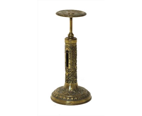 A brass candlestick postal scale, by Robert Walter Winfield, mid-19th century, with foliate decoration, 11.5cm high