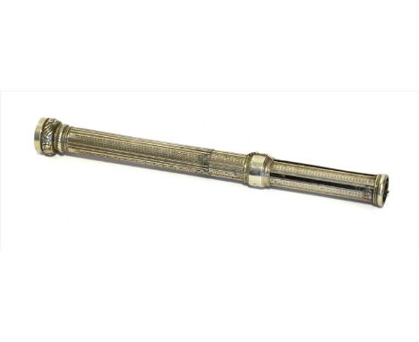 A silvered combination spring letter scale and propelling pencil, by John Sheldon, mid-19th century, with engine turned decor