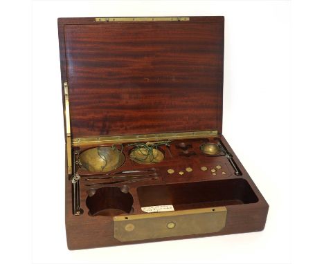 A mahogany cased travelling scale compendium, mid-19th century, containing three handheld scales, for gemstones, coinage and 