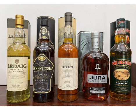 Single Malt Scotch Whisky, 5 bottles: Auchentoshan Triple Distilled, 70cl, 43%; Jura Superstition, 70cl, 43%; Ledaig, 70cl, 4