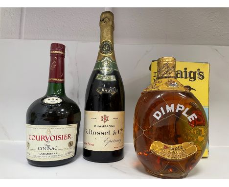 Champagne G. Rosset & Cie 1949, Cuvee Extra; Haig's Dimple Scotch Whisky, circa 1950s, 70 proof, with box; Courvoisier Luxe C