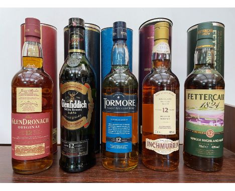 Single Malt Scotch Whisky, 12 Year Olds, 5 bottles: Glendronach 70cl, 40%; Fettercairn, 70cl, 40%; Inchmurrin, 70cl, 40%; Tor
