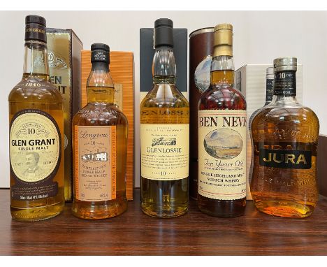 Single Malt Scotch Whisky, 10 Year Olds, 5 bottles: Glenlossie, 70cl, 43%; Ben Nevis, 70cl, 46%; Jura, 70cl, 40%; Longrow, Ca
