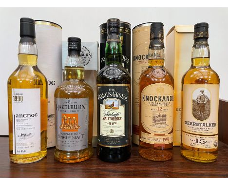 Scotch Whisky, 5 bottles: Deerstalker Highland Single Malt, Aged 15 Years, 70cl, 46%; Ancnoc Non Chill-Filtered 1990 Single H