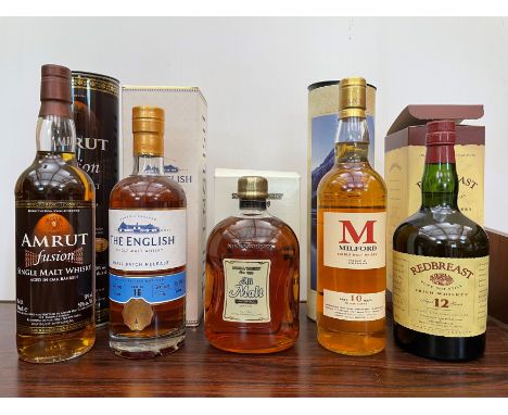 World Whisky, 5 bottles: Nikka All Malt, Japan, 70cl, 40%; Amrut Fusion, India, 70cl, 50%; Milford, Aged 10 Years, New Zealan
