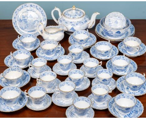 A 19th century blue and white porcelain tea set and other matching china, Miles Mason, gold-rimmed, to include: a teapot; tea