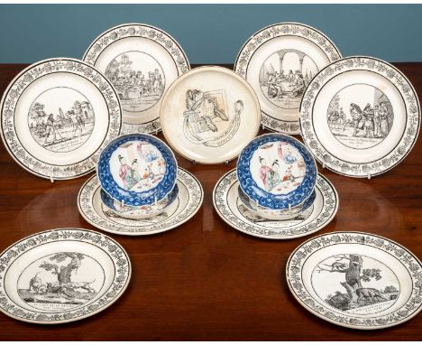 A set of four early 19th century French potter plates with black transfer printed decoration depicting Aesop's fables each wi