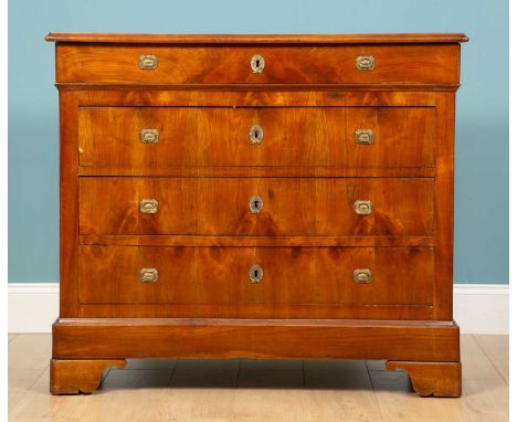 A 19th century Continental commode, walnut veneered surface and pinewood, three drawered on curved legs, 114cm wide x 97.5cm 