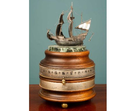 A Charles Frodsham Naval table clock or timepiece, surmounted by a white metal ship model, signed Charles Frodsham, St. James