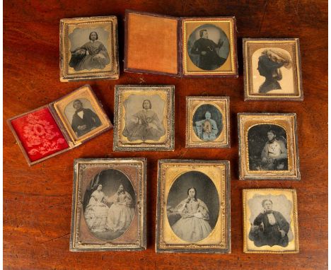 A collection of ten Victorian collodion ambrotype photograph miniatures, with glass covers, framed and two with leather cases