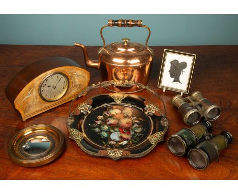 An assortment of miscellaneous household items to include one convex mirror, one black inlay floral dish, one wooden mantel c