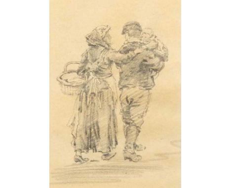 James Marshall Heseldin (1887-1969), a fisherman, his wife and child, pencil sketch, 9.5cm x 6.5cm, with Burford Gallery labe