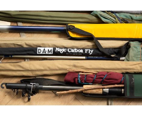 A collection of fishing rods to include: a D.A.M. Magic Carbon Fly; a D.A.M. Minor Match Deluxe; a Vortex E.T. Barlow; a Mitc