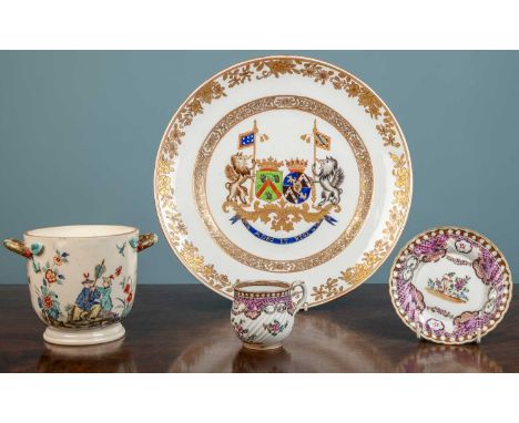 A French Kakiemon style porcelain bowl, enamelled with figures and flowers, possibly Chantilly, 11cm wide x 16cm high, togeth