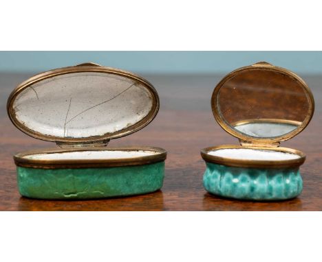 Two enamel patch boxes, one smaller with a mirror lid and turquoise in colour, inscribed 'A trifle from Maidstone', the other
