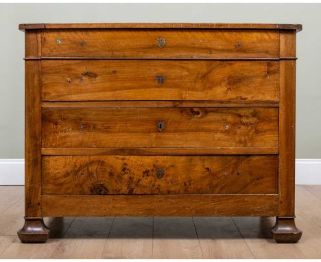 A 19th century continental walnut commode of four graduated drawers on shaped feet, 117cm wide x 55cm deep x 91cm highWaterma