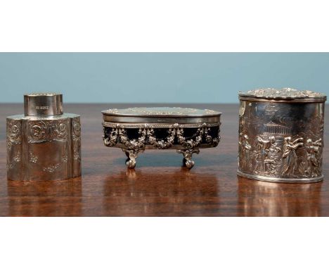 A 19th century silver continental scene box, engraved '1917', 8 x 8cm; one salt cellar, blue glass lining and claw foot legs,