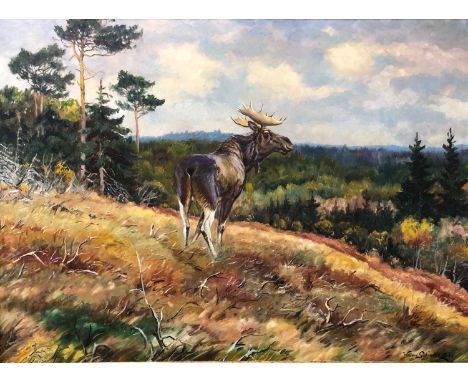 William Gislander (1890 - 1937), 'Woodland Landscape with Moose', signed 'William Gislander 1933' (lower right), oil on canva